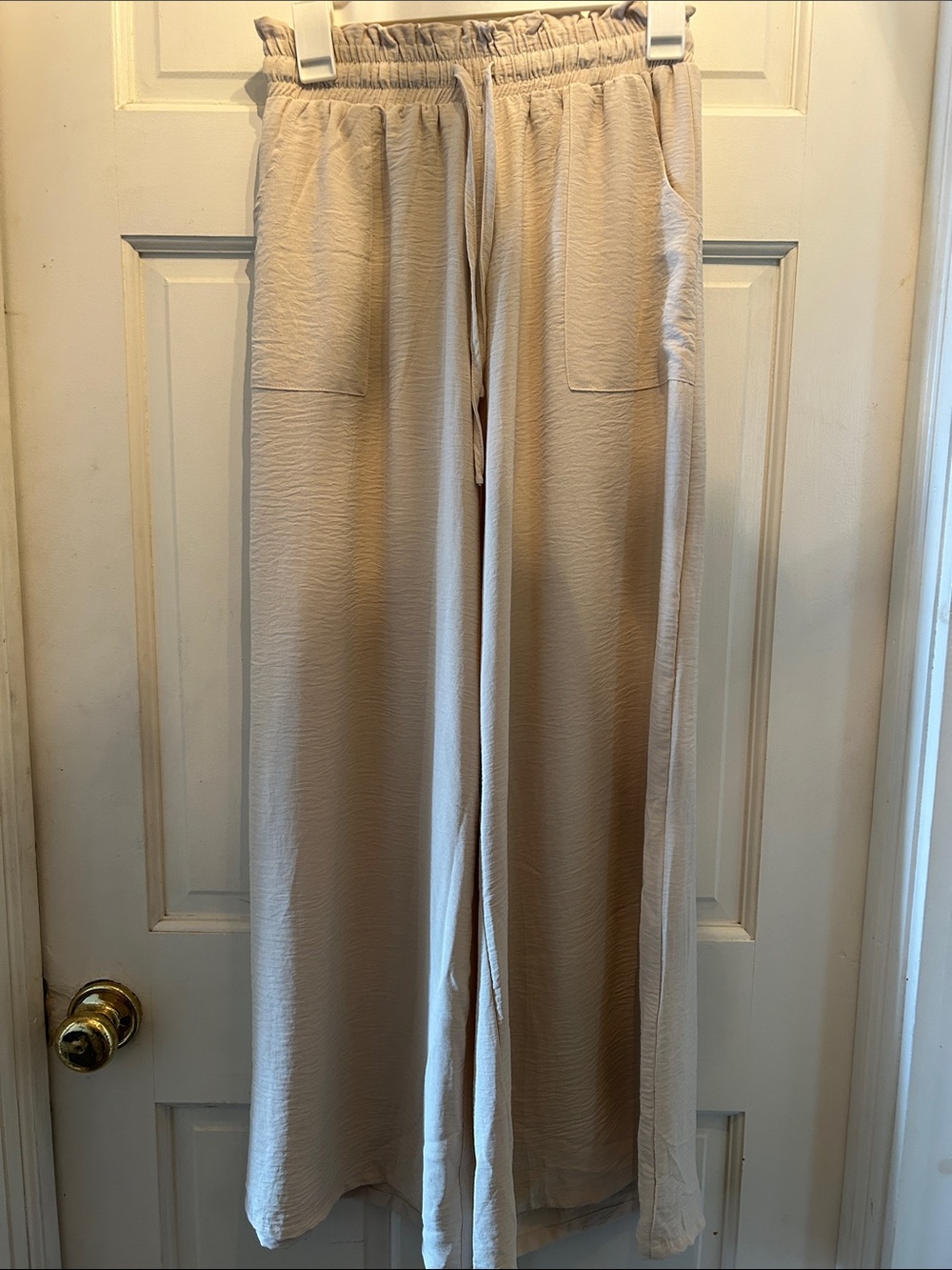 Beige Wide-Leg Drawstring Lounge Pants